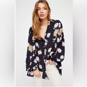 Free People Julia Printed Blouse XS Oversized Boho Floral Button Down